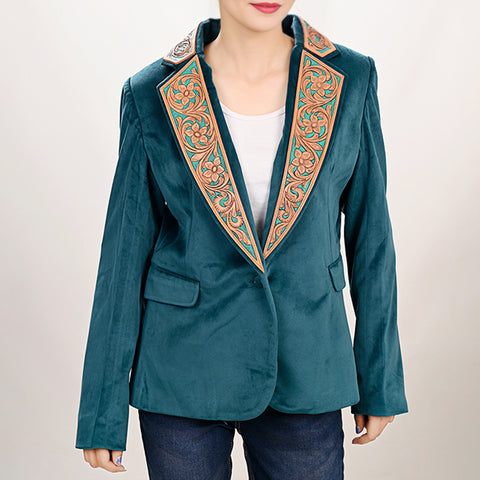 Luxury Teal Fabric Western Blazer with Floral Harness Leather Trim