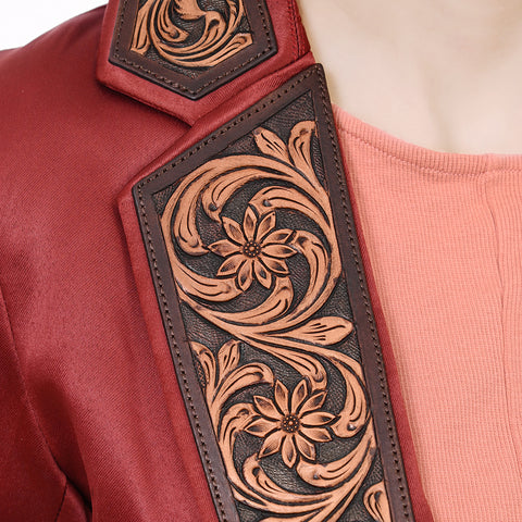 Elegant Fabric Blazer Featuring Harness Leather Lapel Detailing