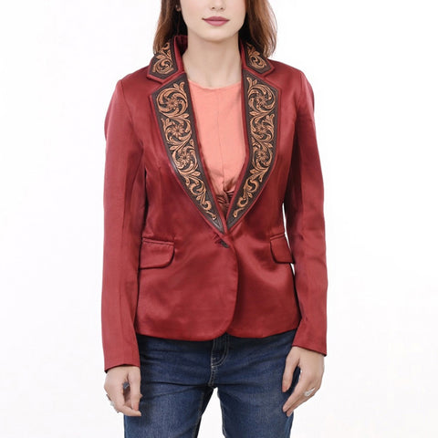Elegant Fabric Blazer Featuring Harness Leather Lapel Detailing