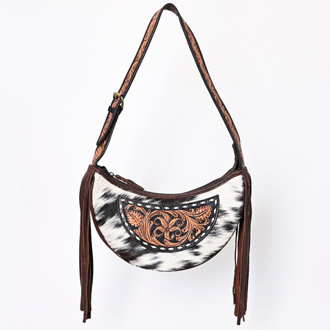 American Darling Handcrafted Hair on Hide Fringe Hobo Western Tooled Leather Bag
