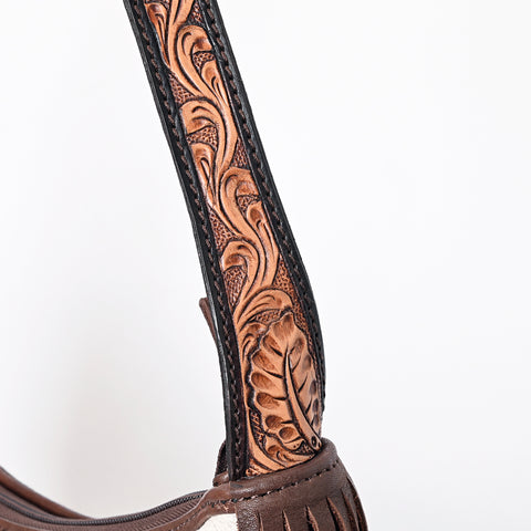 American Darling Handcrafted Hair on Hide Fringe Hobo Western Tooled Leather Bag