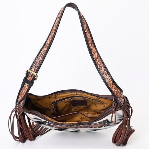 American Darling Handcrafted Hair on Hide Fringe Hobo Western Tooled Leather Bag