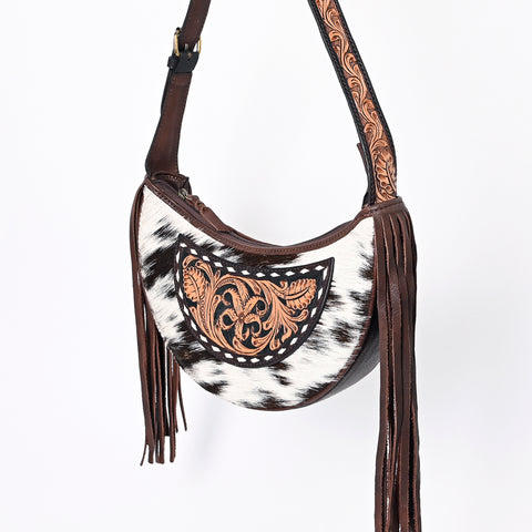 American Darling Handcrafted Hair on Hide Fringe Hobo Western Tooled Leather Bag