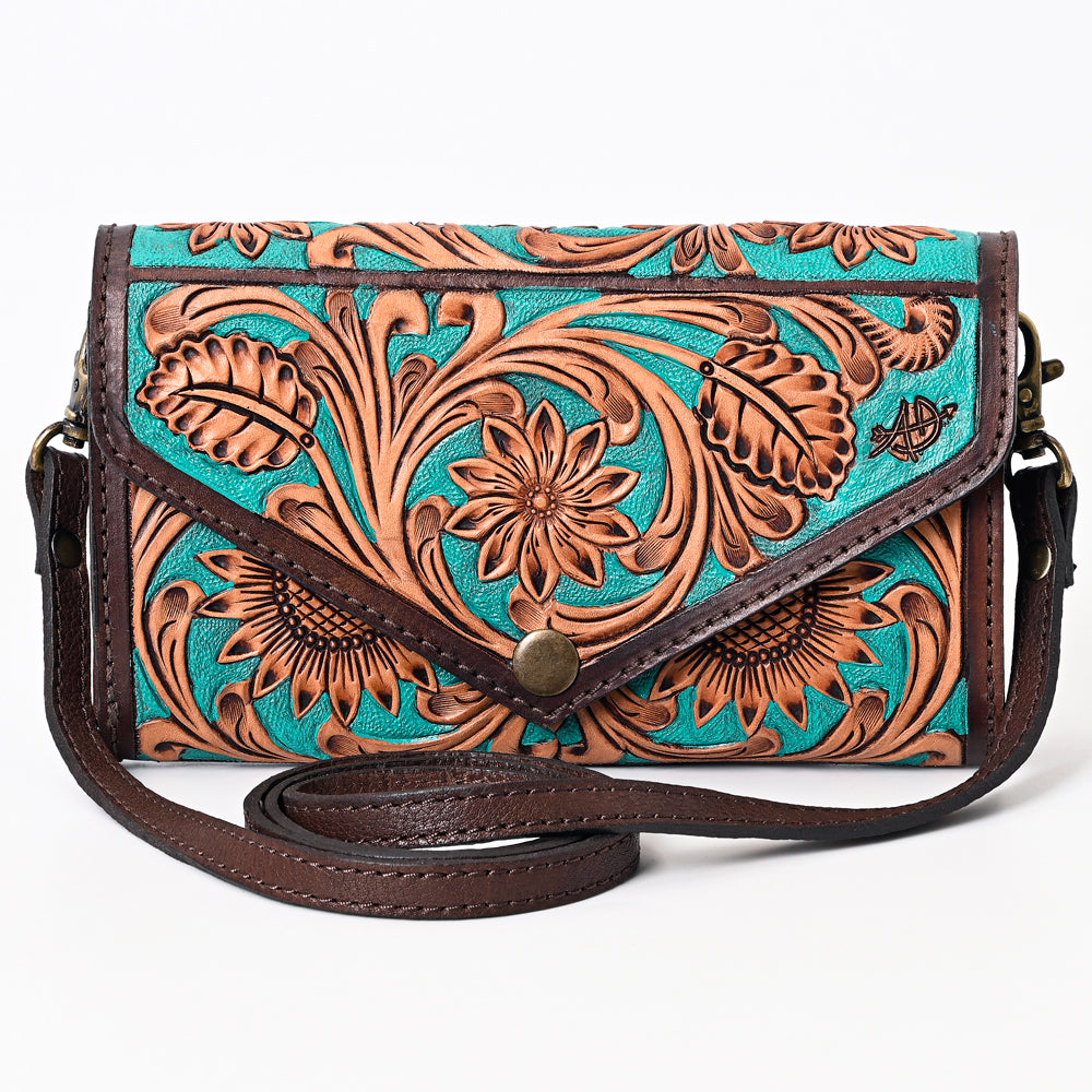 ADBGA378 Turquoise Hand-Tooled Leather Crossbody Wallet Bag Genuine Western Style