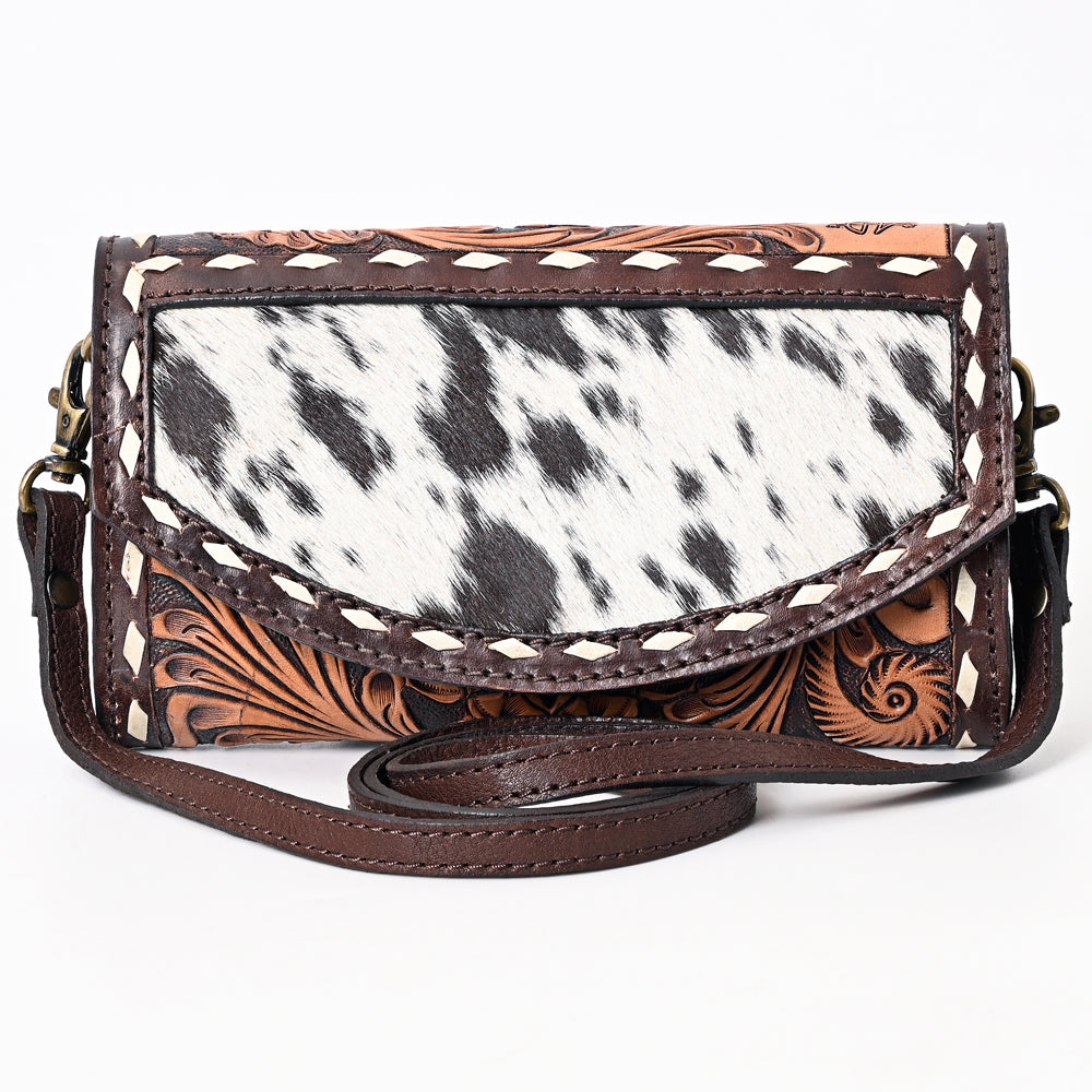ADBGA384 Hair-On Hide & Tooled Leather Western Wallet Crossbody with Whipstitch Detail