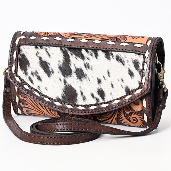 ADBGA384 Hair-On Hide & Tooled Leather Western Wallet Crossbody with Whipstitch Detail