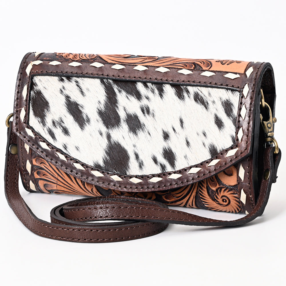 ADBGA384 Hair-On Hide & Tooled Leather Western Wallet Crossbody with Whipstitch Detail