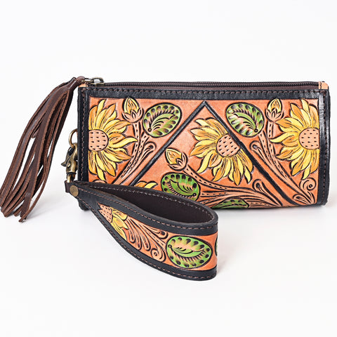 American Darling Hand Tooled Floral Carved Genuine Leather Fringe Wristlet Bag