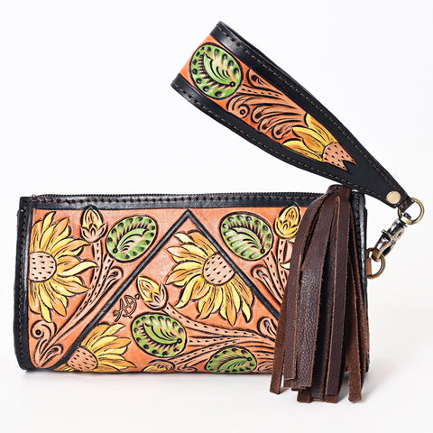 American Darling Hand Tooled Floral Carved Genuine Leather Fringe Wristlet Bag