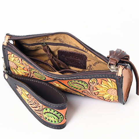 American Darling Hand Tooled Floral Carved Genuine Leather Fringe Wristlet Bag