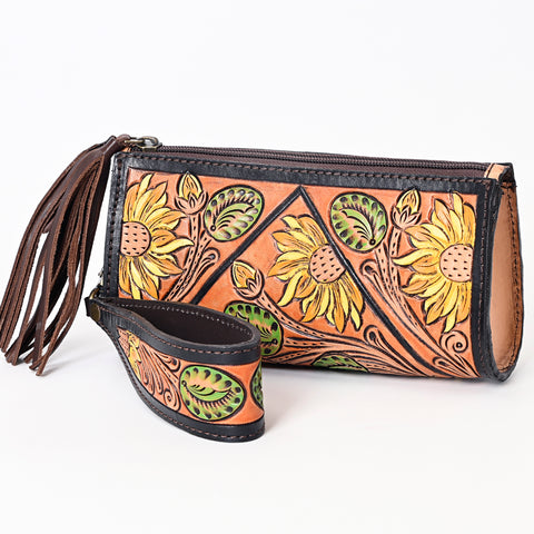 American Darling Hand Tooled Floral Carved Genuine Leather Fringe Wristlet Bag
