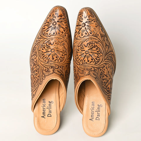 LC-ADFT163 Women's Hand-Tooled Leather Mule Heels - American Darling Western Block Mules