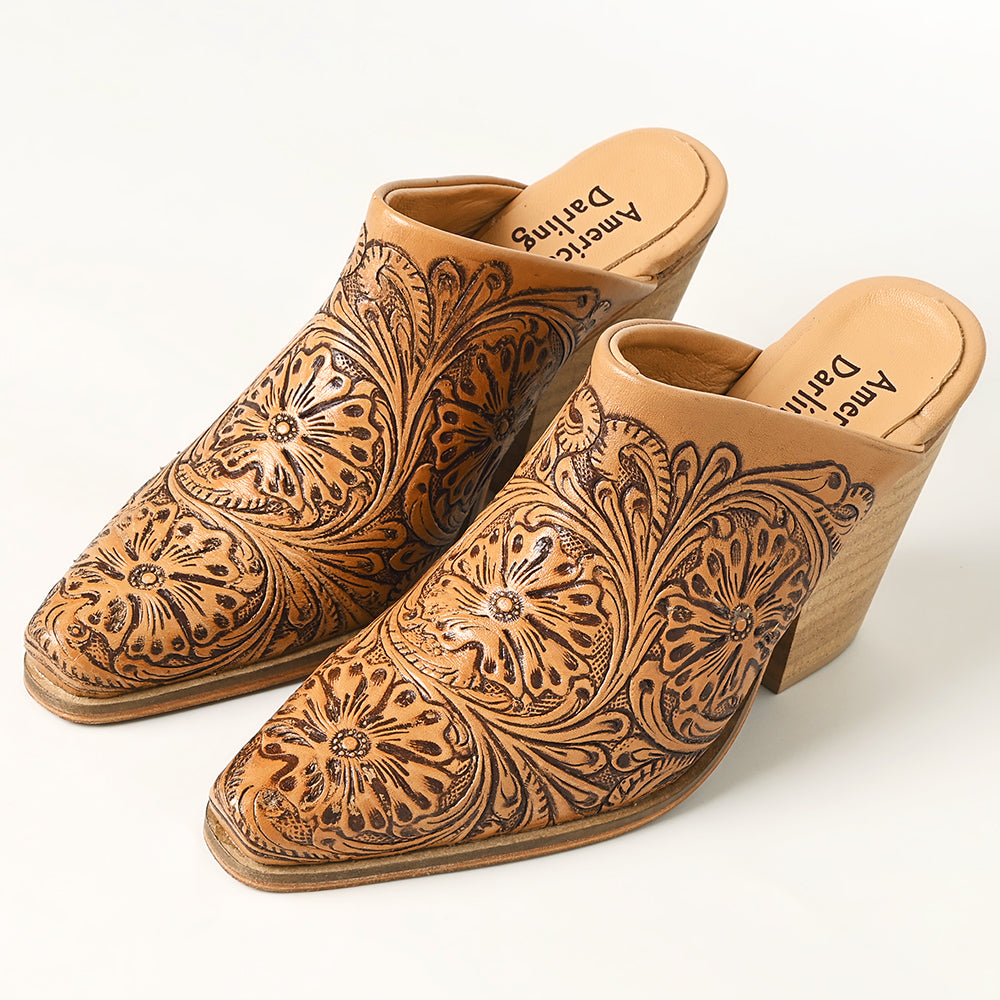 LC-ADFT163 Women's Hand-Tooled Leather Mule Heels - American Darling Western Block Mules