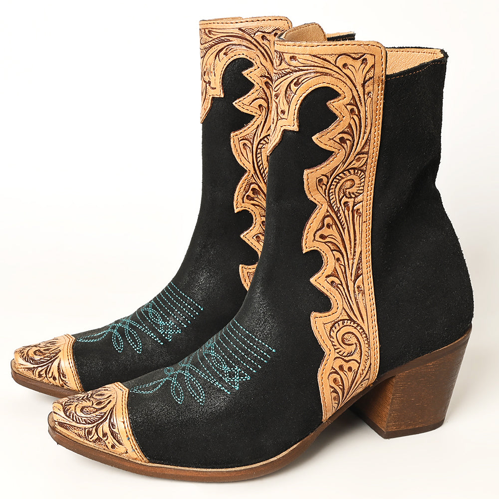 ADFT164 Women's Black & Tan Tooled Leather Western Ankle Boots - American Darling Cowgirl Booties