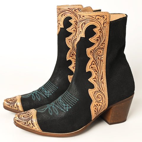 ADFT164 Women's Black & Tan Tooled Leather Western Ankle Boots - American Darling Cowgirl Booties