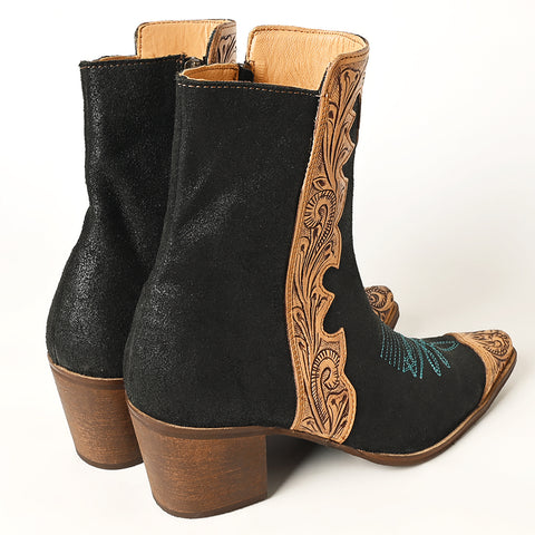 ADFT164 Women's Black & Tan Tooled Leather Western Ankle Boots - American Darling Cowgirl Booties