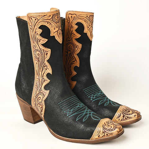 ADFT164 Women's Black & Tan Tooled Leather Western Ankle Boots - American Darling Cowgirl Booties