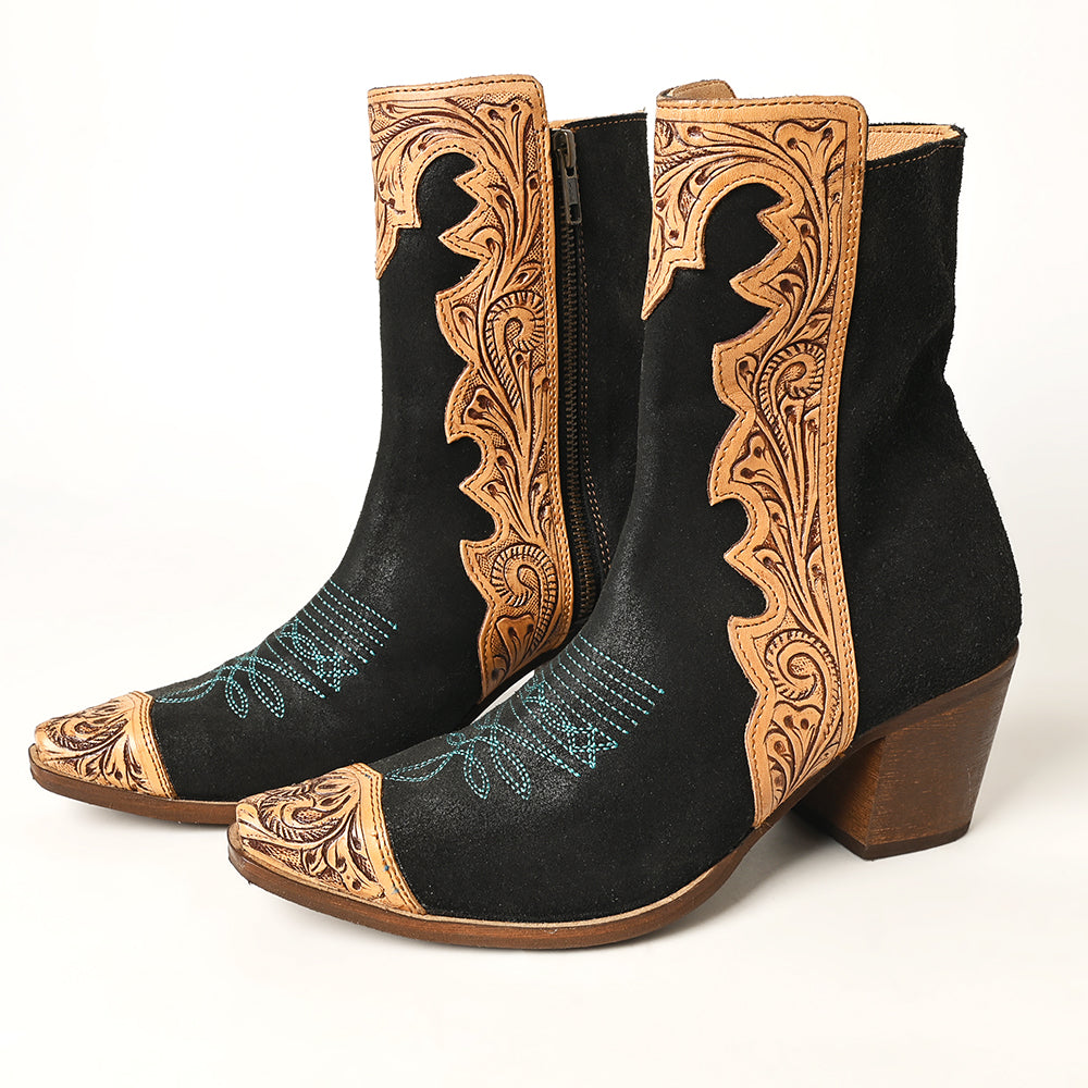 ADFT164 Women's Black & Tan Tooled Leather Western Ankle Boots - American Darling Cowgirl Booties