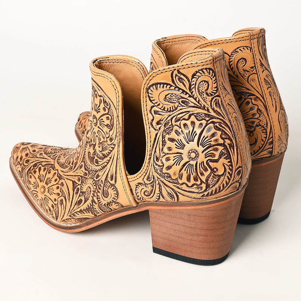 LC-ADFT165 Women's Tan Tooled Leather Western Ankle Boots - American Darling Cowgirl Booties