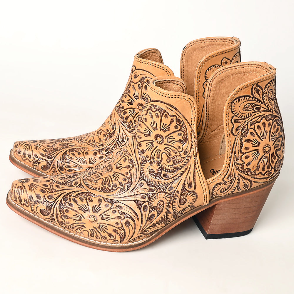 LC-ADFT165 Women's Tan Tooled Leather Western Ankle Boots - American Darling Cowgirl Booties
