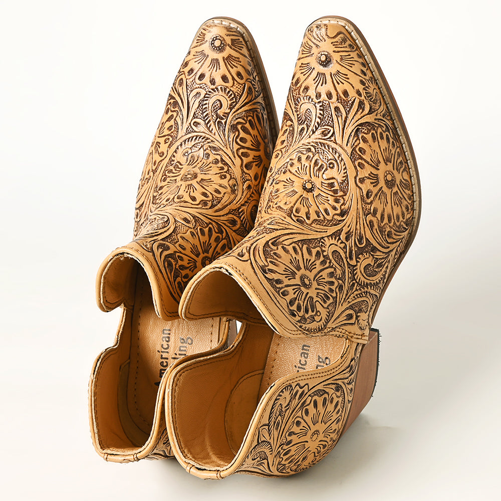 LC-ADFT165 Women's Tan Tooled Leather Western Ankle Boots - American Darling Cowgirl Booties
