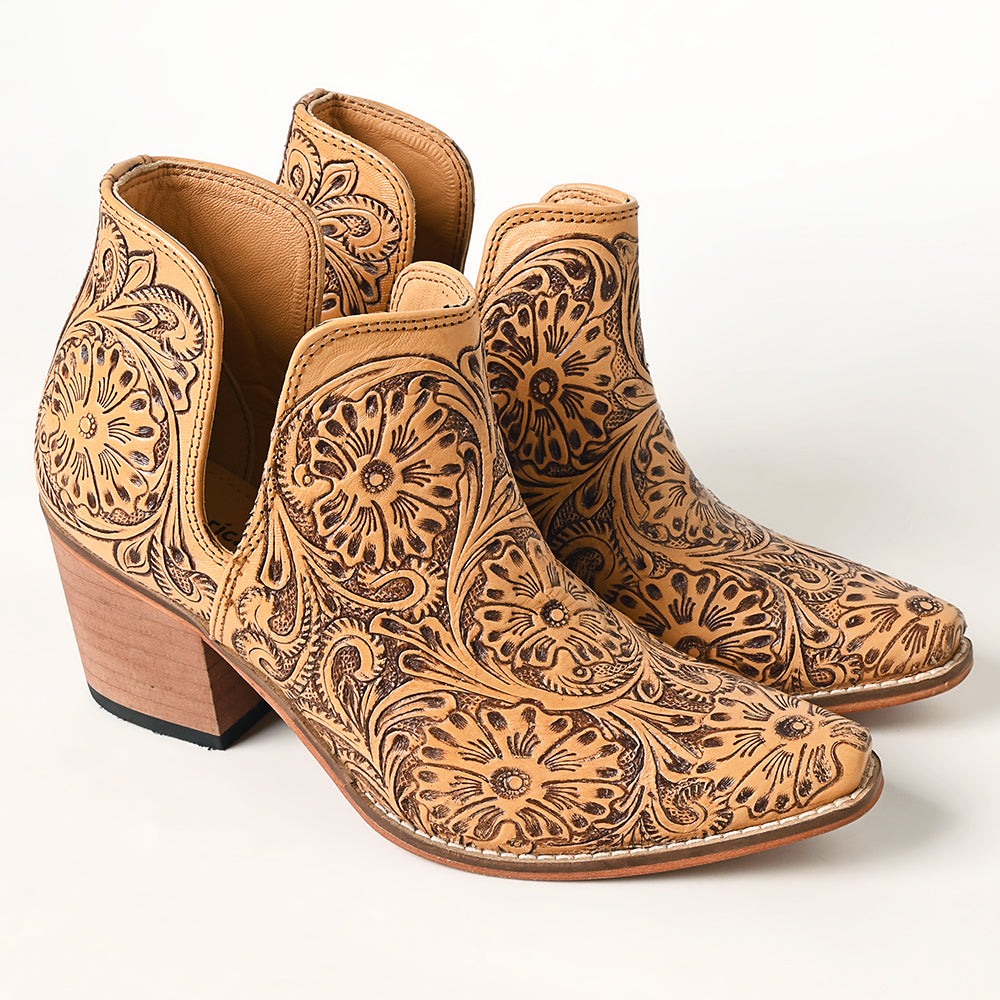 LC-ADFT165 Women's Tan Tooled Leather Western Ankle Boots - American Darling Cowgirl Booties