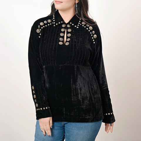 ADSH029 Women's Western Black Velvet Shirt Dress Tunic Ladies Girl Top with Antique Concho Accents
