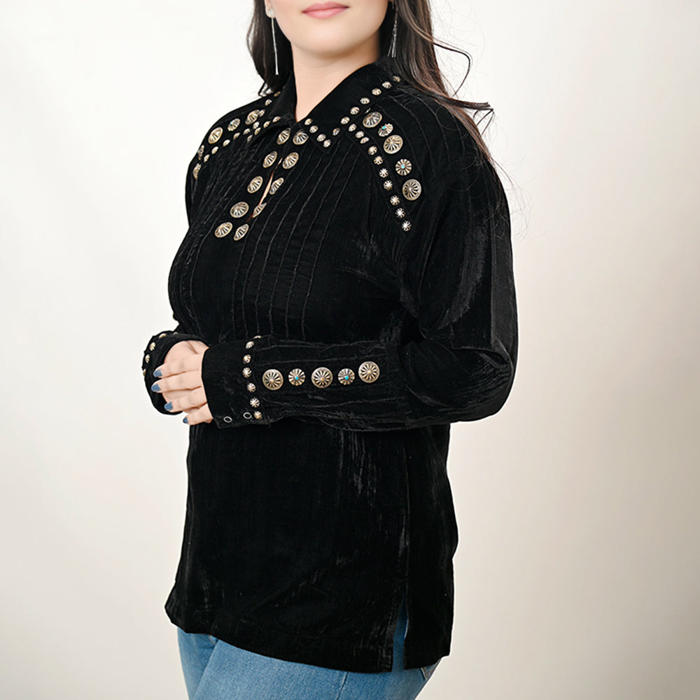 ADSH029 Women's Western Black Velvet Shirt Dress Tunic Ladies Girl Top with Antique Concho Accents