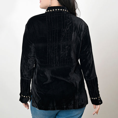 ADSH029 Women's Western Black Velvet Shirt Dress Tunic Ladies Girl Top with Antique Concho Accents