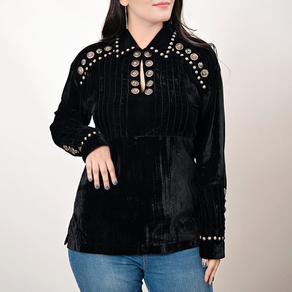 ADSH029 Women's Western Black Velvet Shirt Dress Tunic Ladies Girl Top with Antique Concho Accents