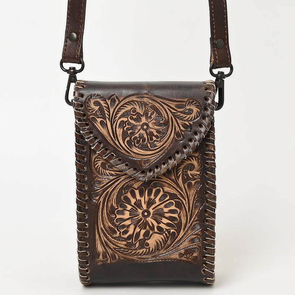 ADBGZ750 Hand Tooled Leather Phone Cellphone Holder - Western Floral Sling Bag