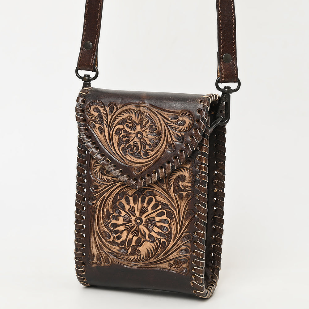 ADBGZ750 Hand Tooled Leather Phone Cellphone Holder - Western Floral Sling Bag