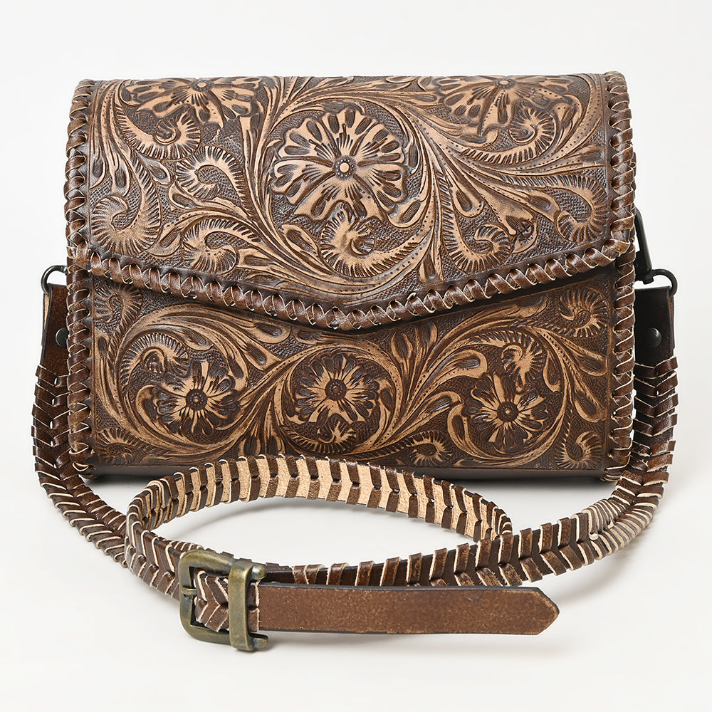 ADBGZ752 Natural Hand Tooled Leather Wallet Bag - Western Floral Whipstitch Purse
