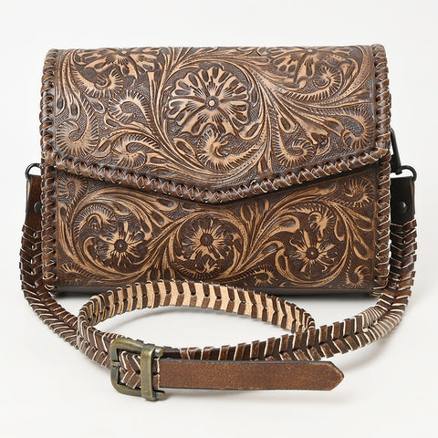 ADBGZ752 Natural Hand Tooled Leather Crossbody Bag - Western Floral Whipstitch Purse