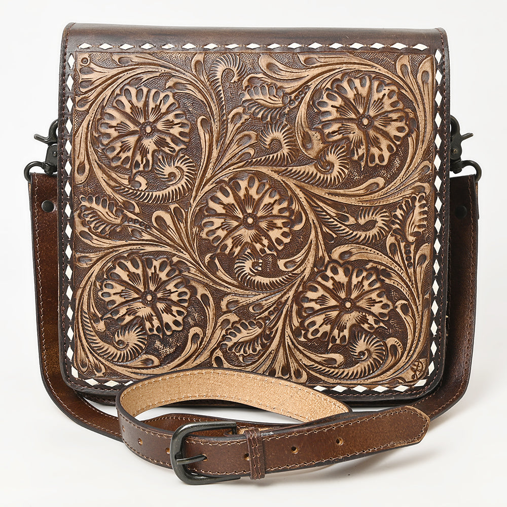 ADBGZ753 Square Hand Tooled Leather Crossbody Bag - Western Floral White Whipstitch Trim