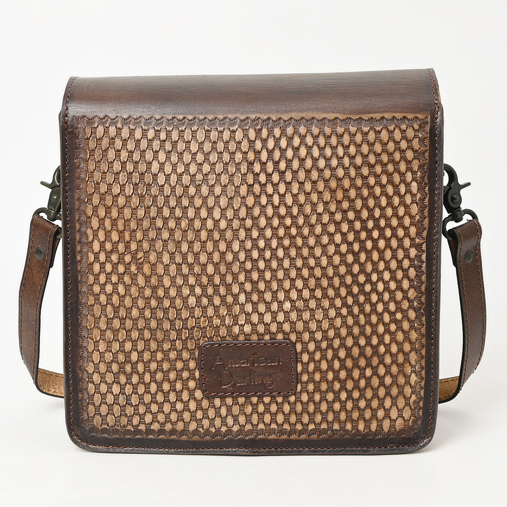 ADBGZ753 Square Hand Tooled Leather Crossbody Bag - Western Floral White Whipstitch Trim