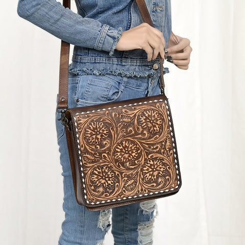 ADBGZ753 Square Hand Tooled Leather Crossbody Bag - Western Floral White Whipstitch Trim