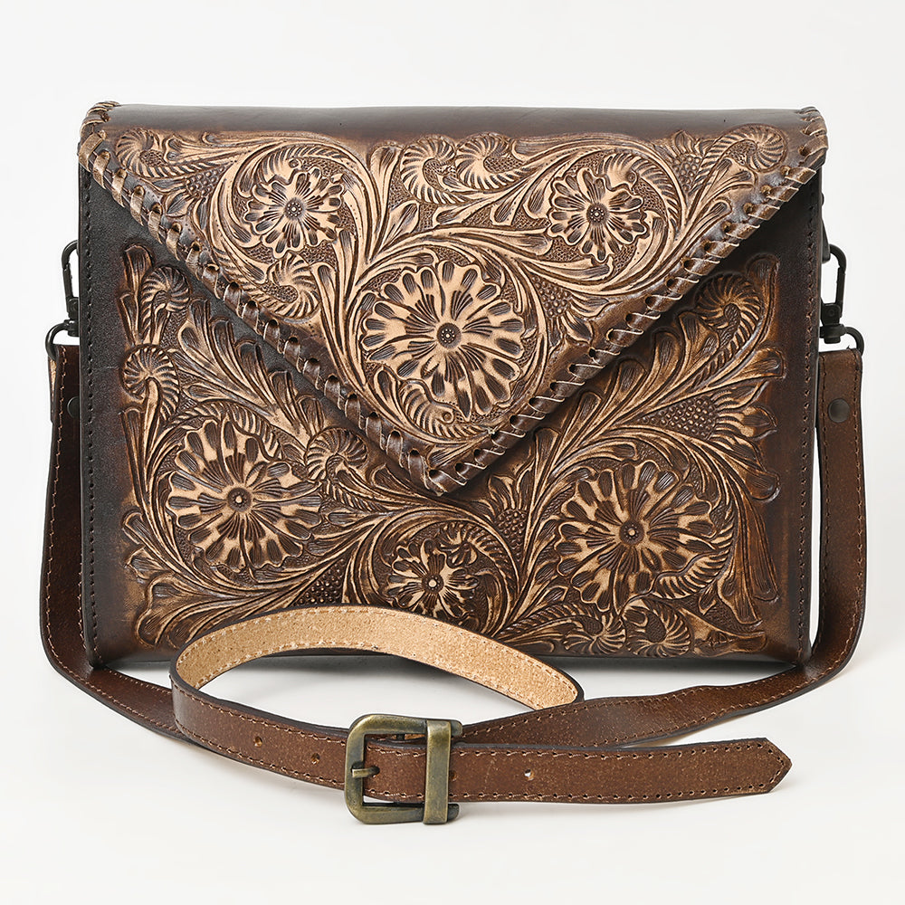 ADBGZ754 Envelope Hand Tooled Leather Wallet Bag - Western Floral Whipstitch Purse