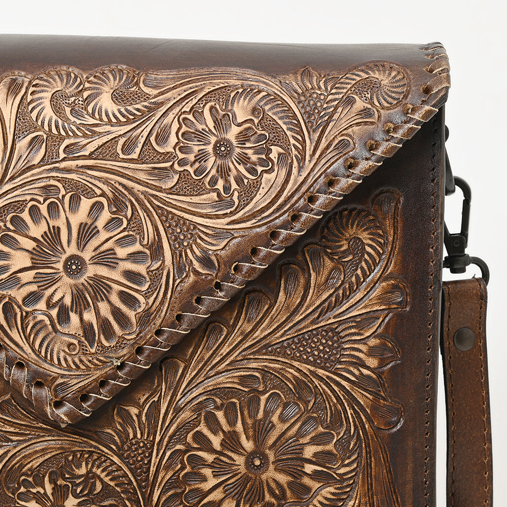 ADBGZ754 Envelope Hand Tooled Leather Wallet Bag - Western Floral Whipstitch Purse