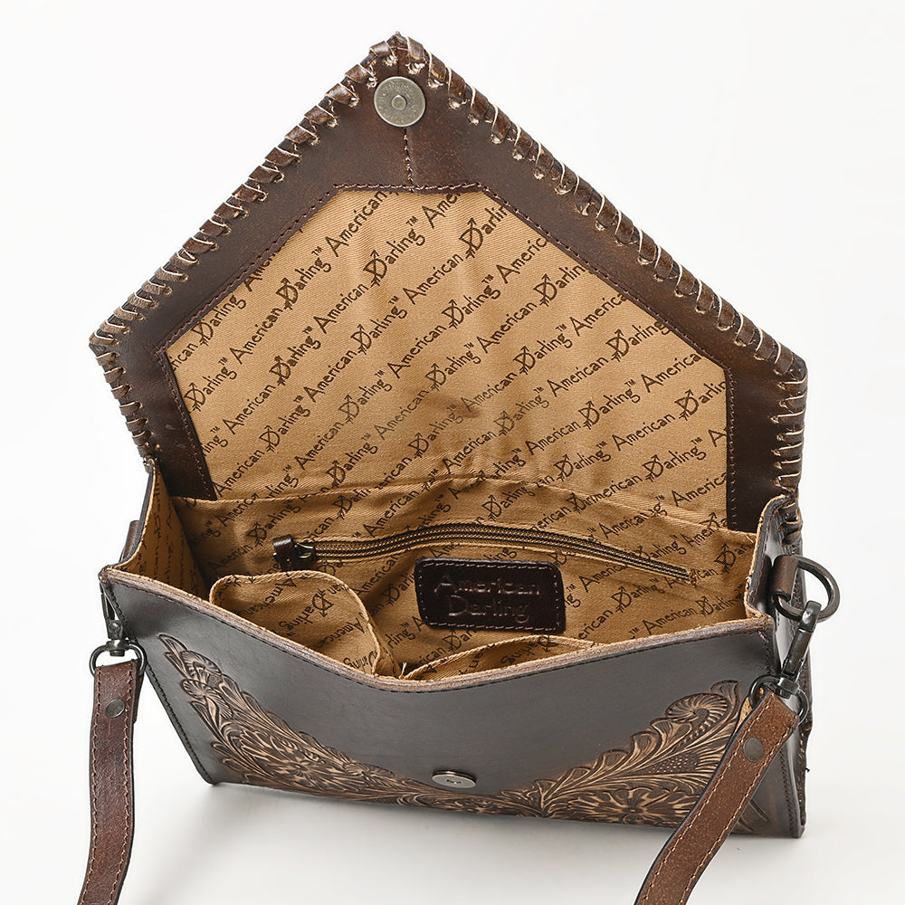 ADBGZ754 Envelope Hand Tooled Leather Wallet Bag - Western Floral Whipstitch Purse