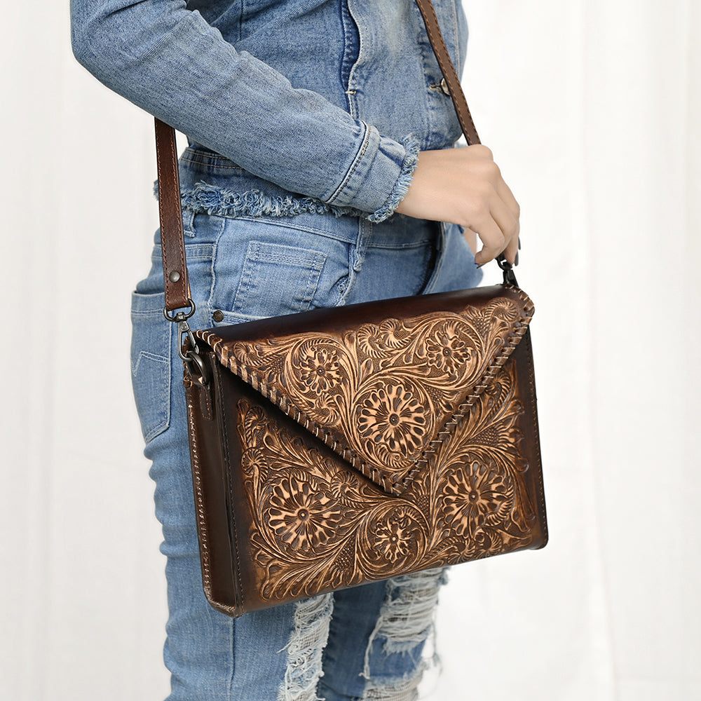 ADBGZ754 Envelope Hand Tooled Leather Wallet Bag - Western Floral Whipstitch Purse