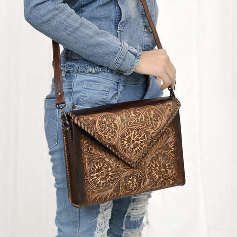 ADBGZ754 Envelope Hand Tooled Leather Wallet Bag - Western Floral Whipstitch Purse