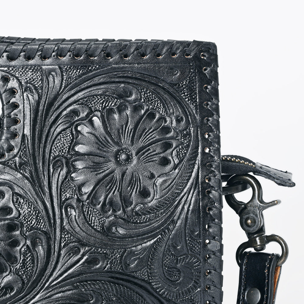 ADBGZ755B Black Hand Tooled Leather Clutch Wallet - Western Floral Cutout Handle Purse