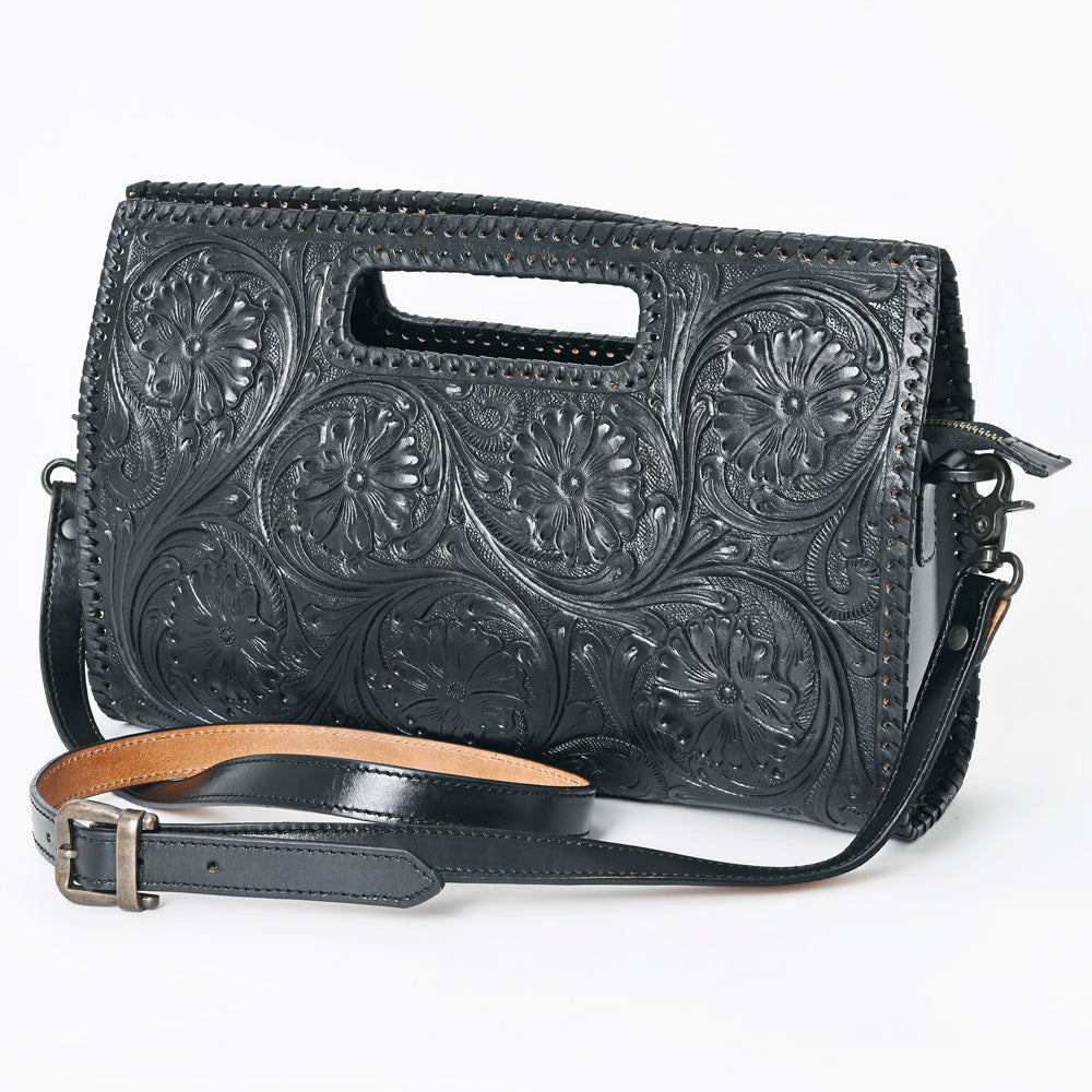 ADBGZ755B Black Hand Tooled Leather Clutch Wallet - Western Floral Cutout Handle Purse