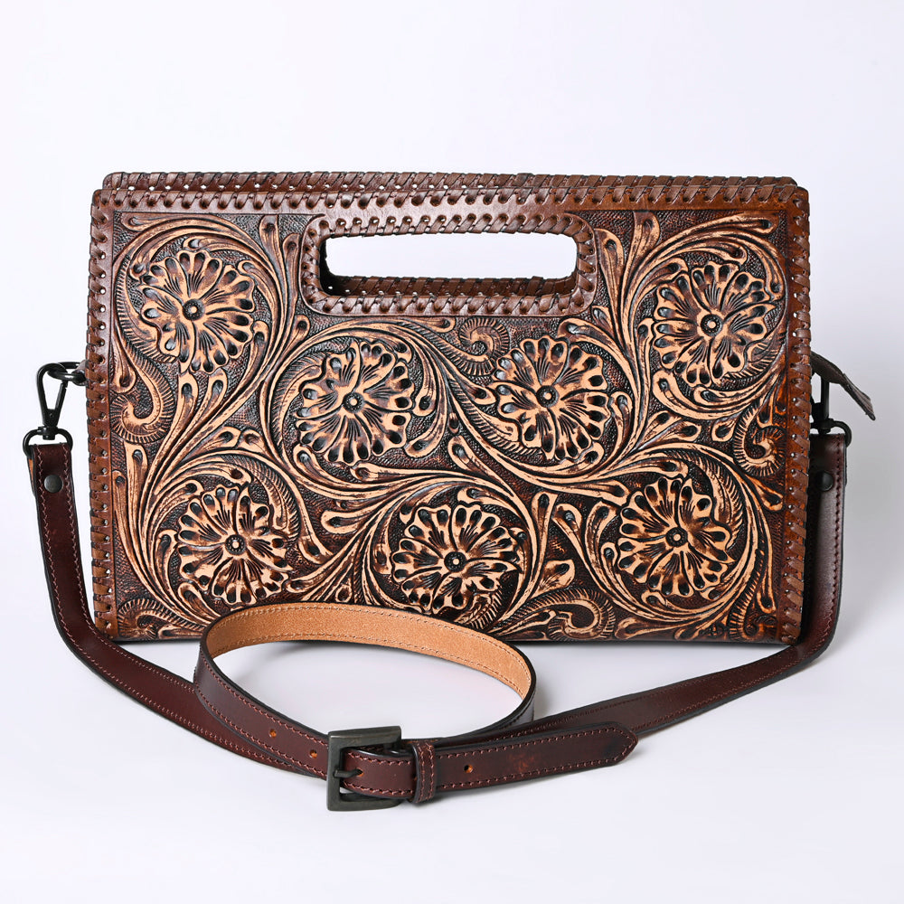 ADBGZ755 Hand Tooled Leather Clutch Wallet - Western Floral Cutout Handle Purse