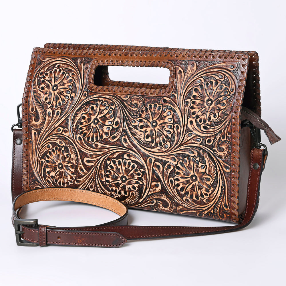 ADBGZ755 Hand Tooled Leather Clutch Wallet - Western Floral Cutout Handle Purse