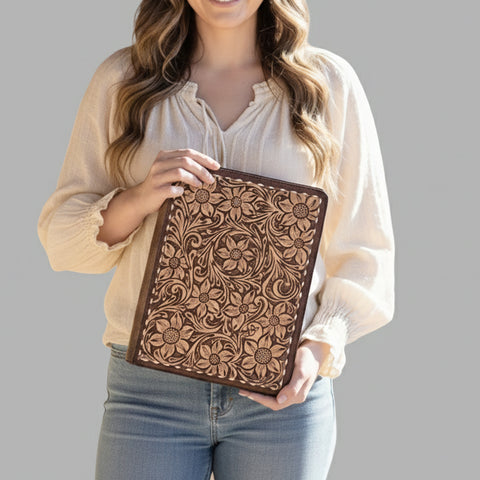 American Darling Hand Tooled Leather Portfolio Bag -Floral Carved Tablet Sleeve