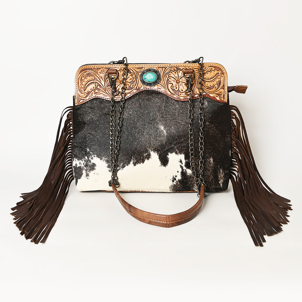 American Darling Cowhide Fringe Large Crossbody | Tooled Leather & Chain Bag