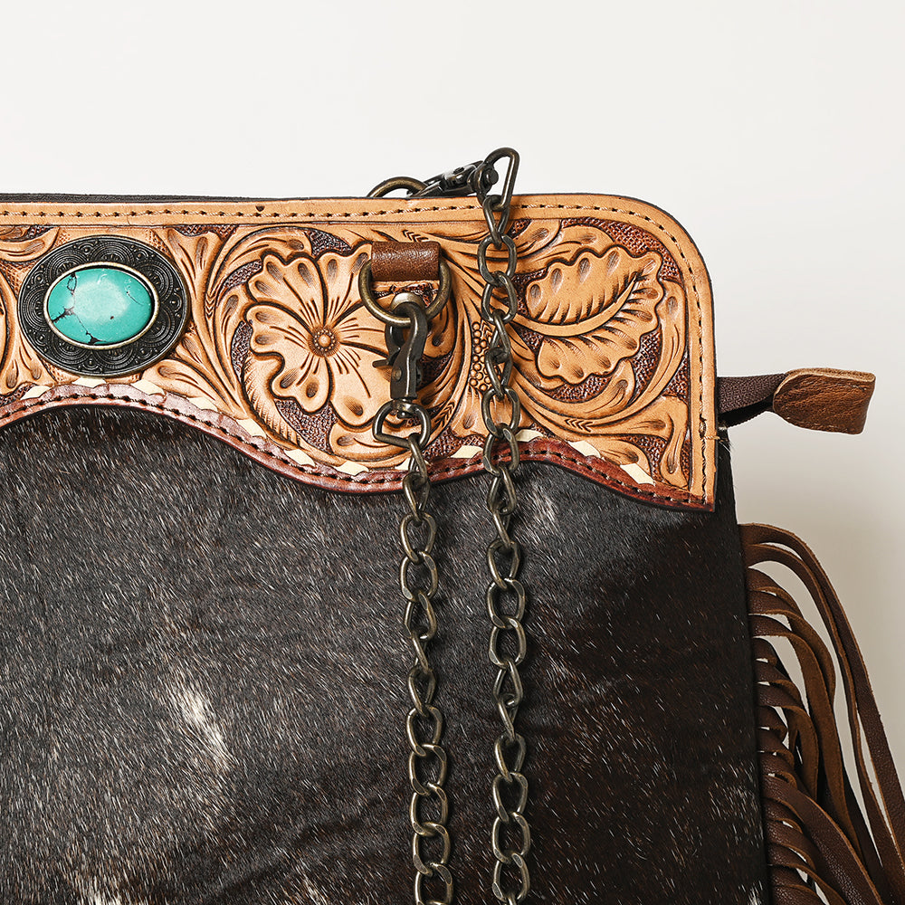 American Darling Cowhide Fringe Large Crossbody | Tooled Leather & Chain Bag