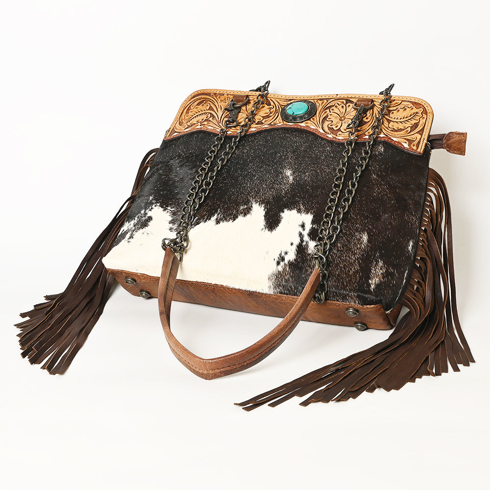 American Darling Cowhide Fringe Large Crossbody | Tooled Leather & Chain Bag